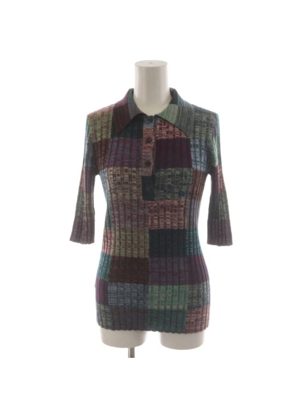 Prada Knit Polo Shirt Silk Blend 38 Multicolor Patchwork Pattern Rib 3/4